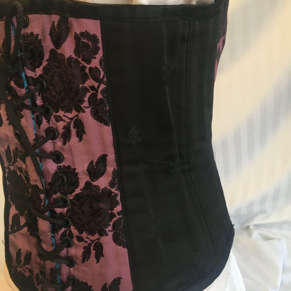 Brocade Reversible Blue Purple Steel Boned Waist Training Shaper Corset Sz Lg - Picture 10 of 16